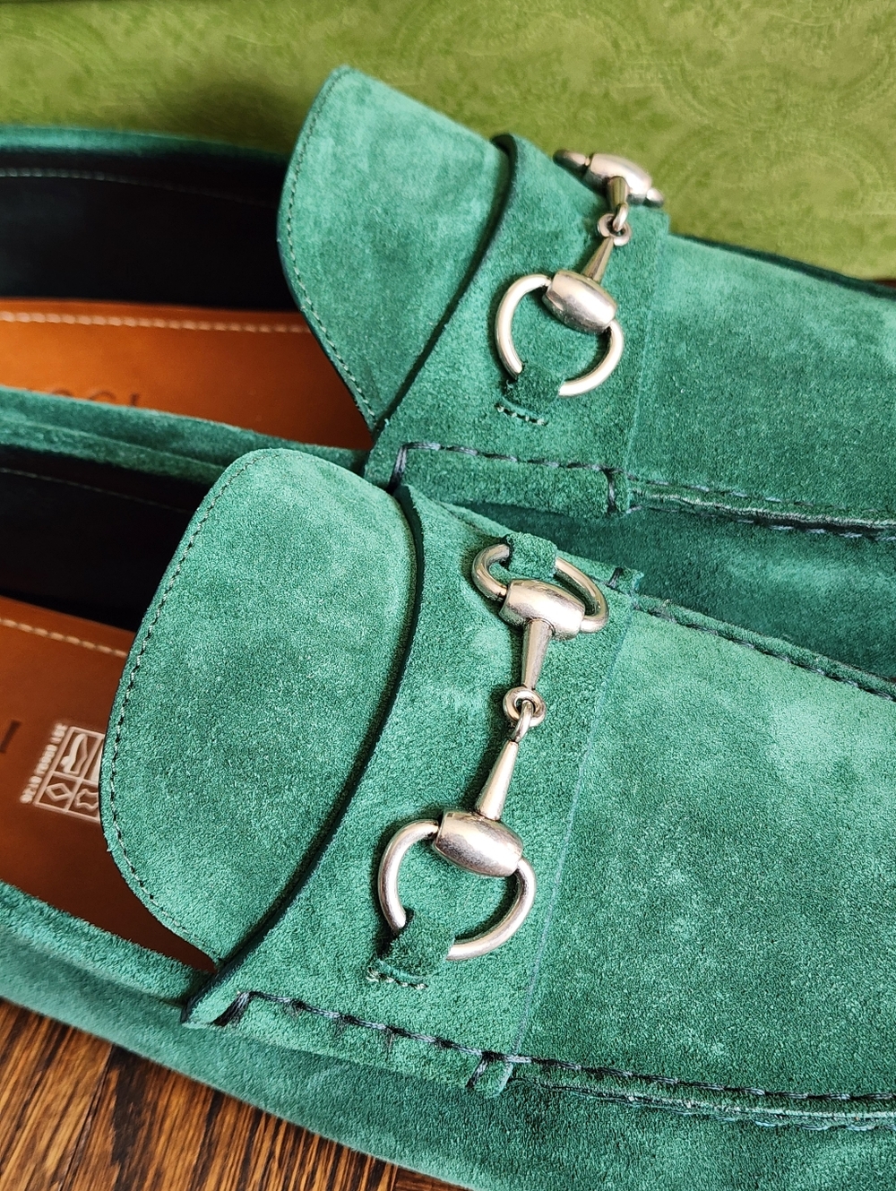 $950 Brand New Gucci GG Men's Vintage Green Suede Driver Loafers G 12 US 12.5 - Picture 9 of 10